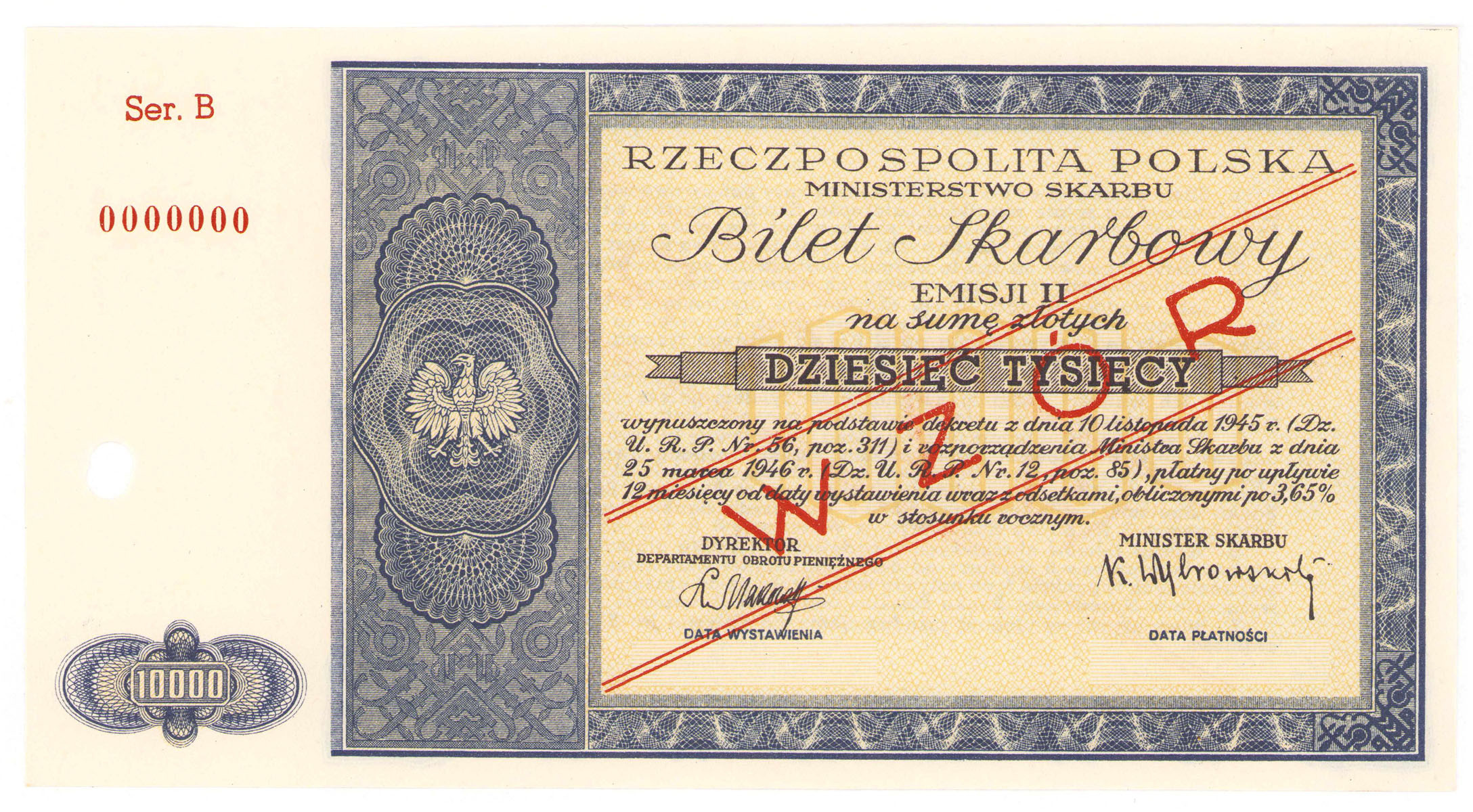 Bilet Skarbowy 10.000 złotych 1945 - B - II emisja – WZÓR - EMISYJNY